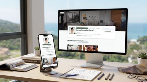 Mesa de trabalho em Florianópolis com fluxo do Construtor VIP no smartphone e desktop